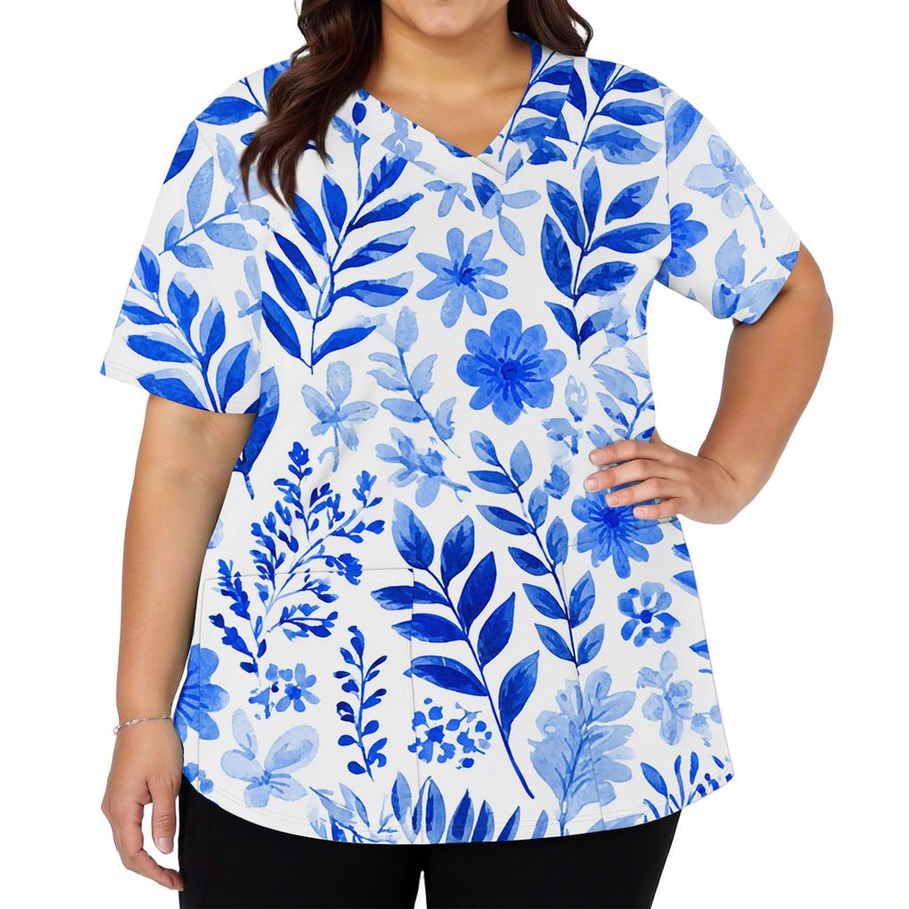 Women's Fashionable V-neck Short-Sleeved Work Top With Double Side Slits And Pockets, Featuring A Retro Floral Print.