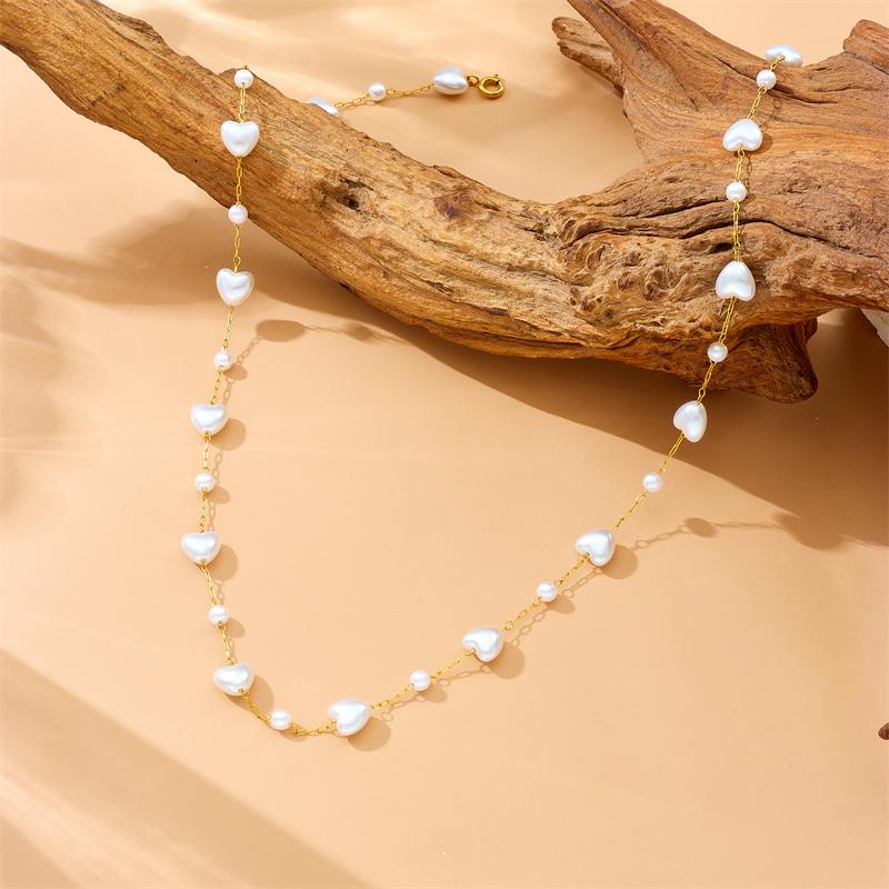 DIEYURO 316L Stainless Steel White Irregular Heart Pearls Necklace Bracelet Women New Trend Golden Love Non-fading Jewelry Set