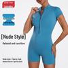 Spring/Summer 2025 Women's Nude-Feel Zipper Short Sleeve Jumpsuit: Hip-Lifting, Tummy Control, Sexy Fit
