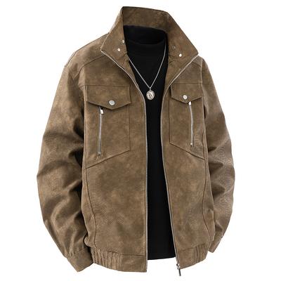 Men's Stand-up Collar Leather Jacket Men's Spring and Autumn American Trendy Versatile Zipper Pu Leather Jacket Jacket