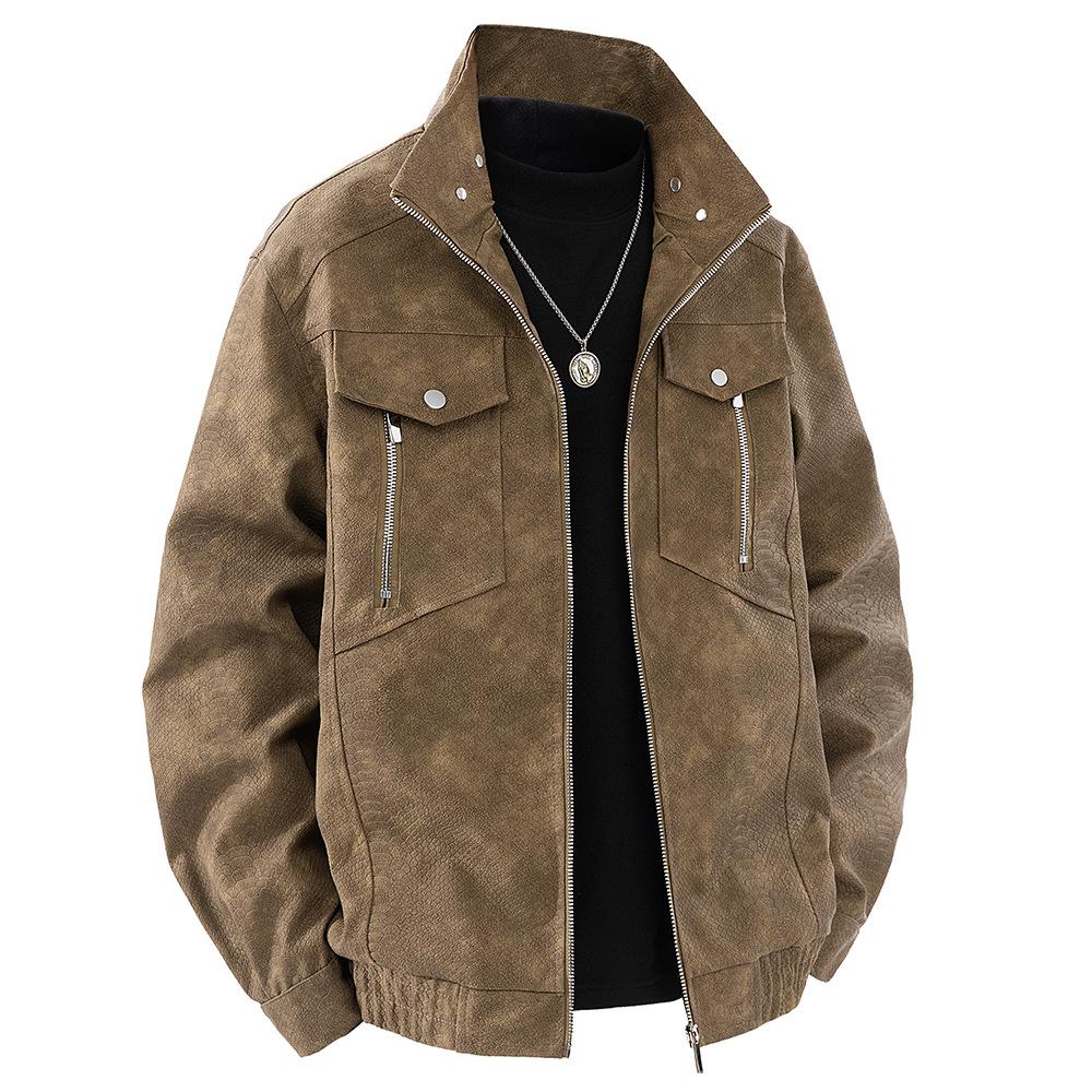 Men's Stand-up Collar Leather Jacket Men's Spring and Autumn American Trendy Versatile Zipper Pu Leather Jacket Jacket