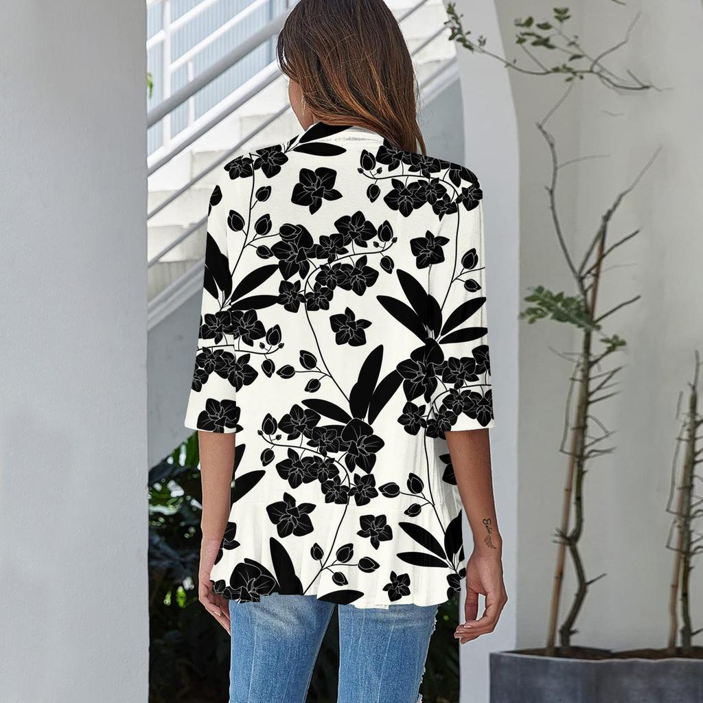 Women's Light And Thin Coat, Three-quarter Sleeve Printed Ruffled Cardigan