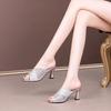 Summer Lady High Heels Sequins Mules Slides Female Sparkly Bling Rhinestone Open Toe Silver Gold Wedding Shoes