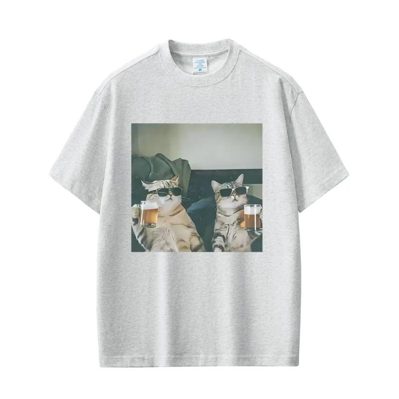 Baumwolle Coole Katze trinkt Bier Lustiges Meme Aufdruck T-Shirt Herren Lässig Vintage T-Shirt Mode Rundhals-T-Shirts
