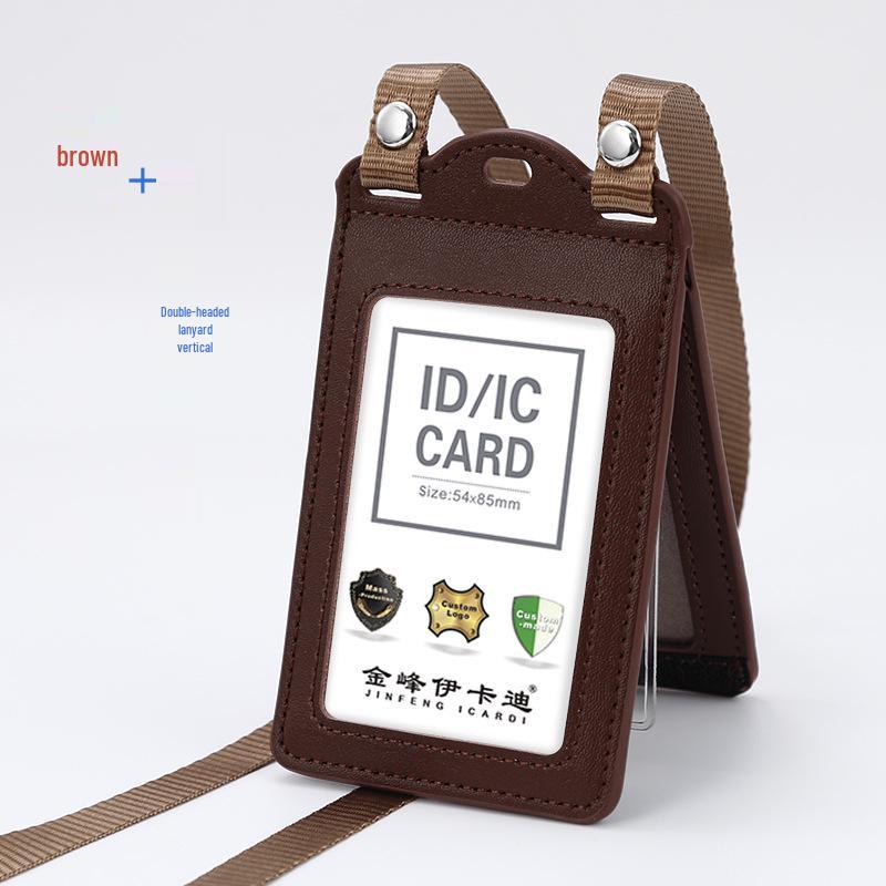 Genuine Leather Work ID Holder with Lanyard, Four Card Slots, Employee Badge Neck Strap.
