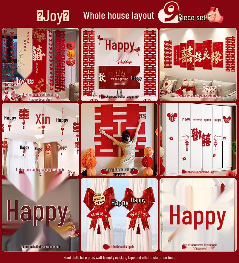 Wedding Decoration Set: Sofa Background, Bedroom Bedside, and Double Happiness Board for Groom's New House