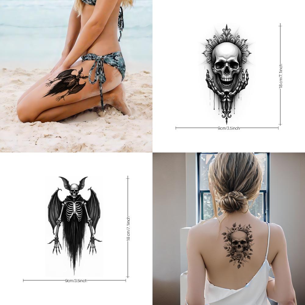 3pcs Temporary Tattoo Waterproof Long-lasting Body Stickers Skull With Frame Pocket Watch With Roses Skull With Roses For Men