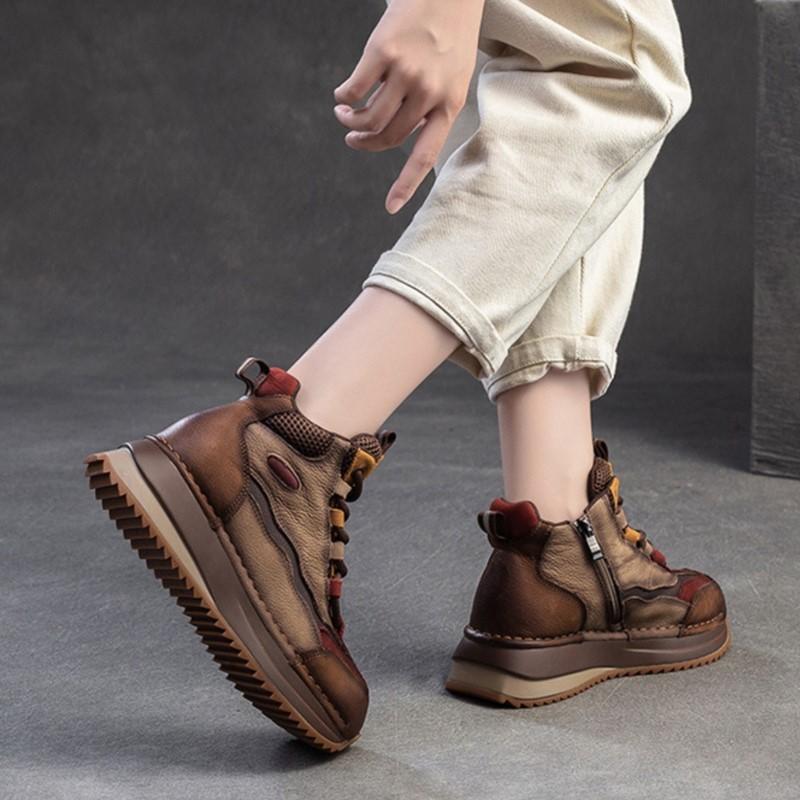 Johnature Gemischte Farben Retro Dicke Sohlen Schnürstiefel Kurze Stiefel Echtes Leder Lässige Pendler Damenschuhe