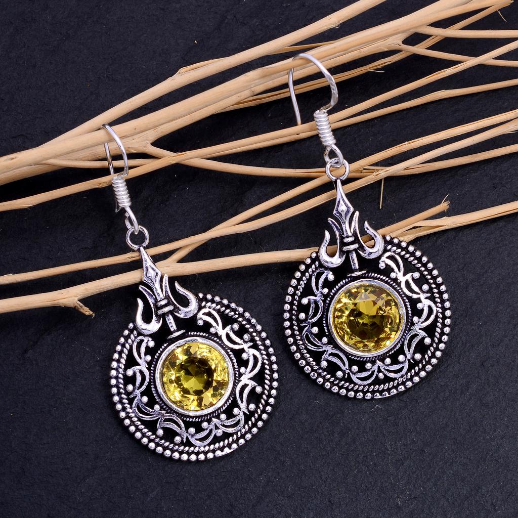 Naturlig Citrin Edelsten Håndlaget 925 Sterlingsølv Smykke Øredobb 2" A7U88