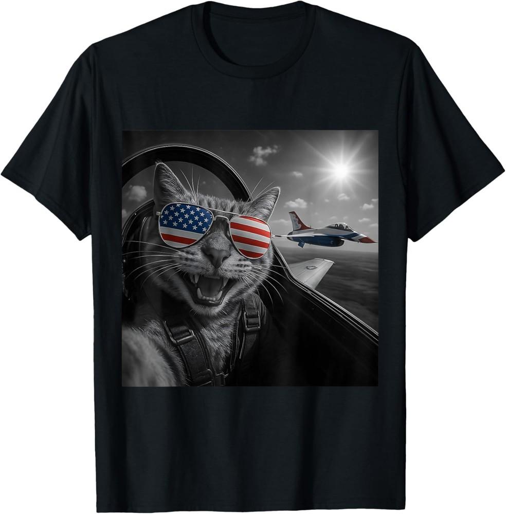 

Cat 4th of July Selfie Jet Funny Cat Gifts Men Women Kids T-Shirt L