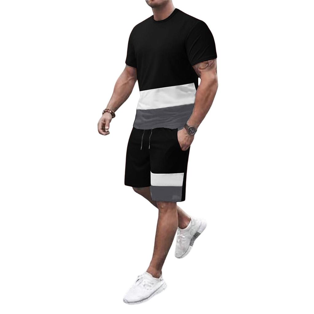 Summer new trendy men's simple 3D printing color matching short-sleeved T-shirt set men's 2-piece set