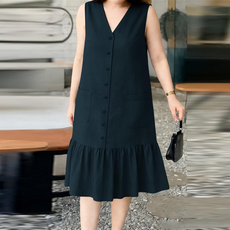 ZANZEA Women Casual V-Neck Ruffles Hem Loose Sleeveless Dress S темно-синий