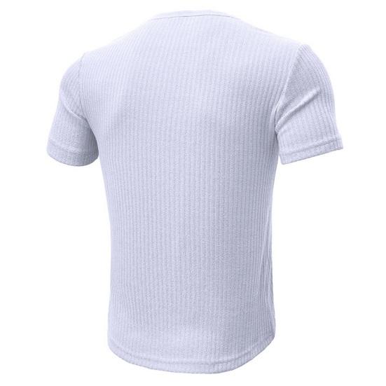 Letní pánské tričko s krátkým rukávem, knoflíkovým výstřihem do V, jednobarevné, žebrovaně pletené, pružné, slim fit, americký styl, pro svalovce, fitness, cvičební top