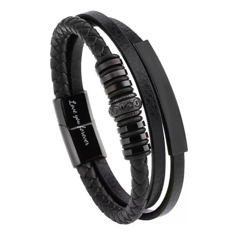 Leather rope bracelet cowhide men's double-layer stainless steel leather woven bracelet handmade multi-layer bracelet