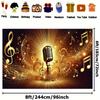 2D Flat Banner 1 piece - Retro microphone and musical note party banner background - Gold/Black shiny star design