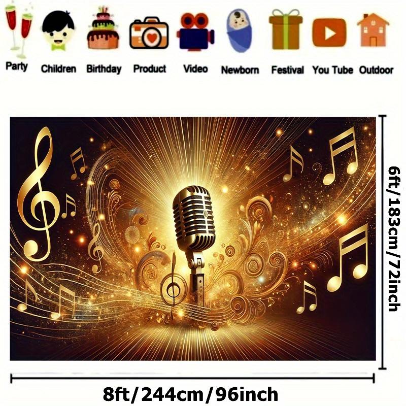 2D Flat Banner 1 piece - Retro microphone and musical note party banner background - Gold/Black shiny star design