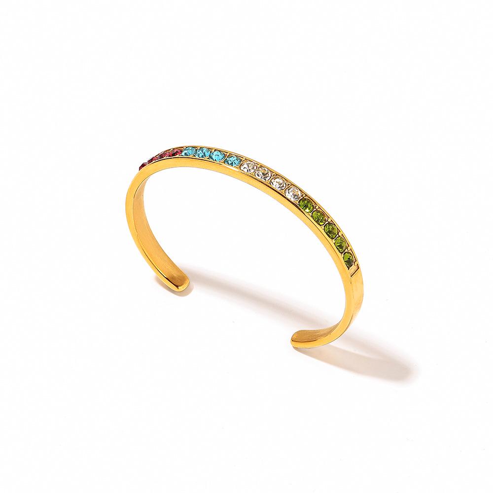18K Gold Plated Titanium Steel Openable Bracelet with Color Zirconia and Diamonds - Stainless Steel Fashion for Women
