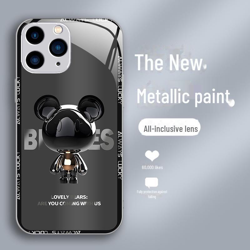 Metal Bear Cartoon Liquid Shell for Apple 13/13 Mini/14 Pro Max/11 Pro/X Premium Glass