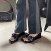 French Wedge Heel Thick Bottom One-word Slippers Women's Summer Wear 2025 New Retro Square Head Rivets Black Heightening Sandals