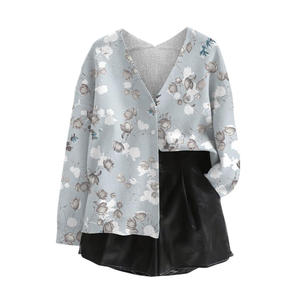 Women's V Neck Top Printing Thickened Plush Cashmere Warm Long Top