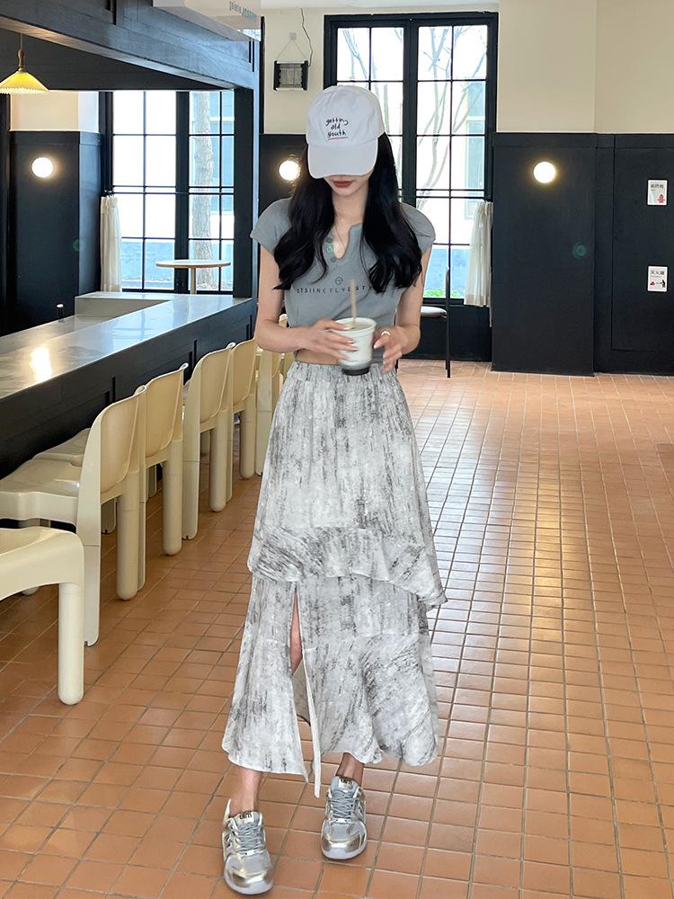 

Women s Summer Ink Wash Tie-Dye Irregular Ice Silk Midi Skirt with Ruffle Design Large