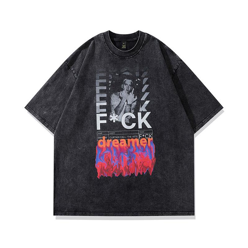 Harajuku Street Trendy Brand Sweet And Cool Cartoon Print Washed Short-Sleeved T-Shirt Men'S Ins Loose And Old Half-Sleeved Top