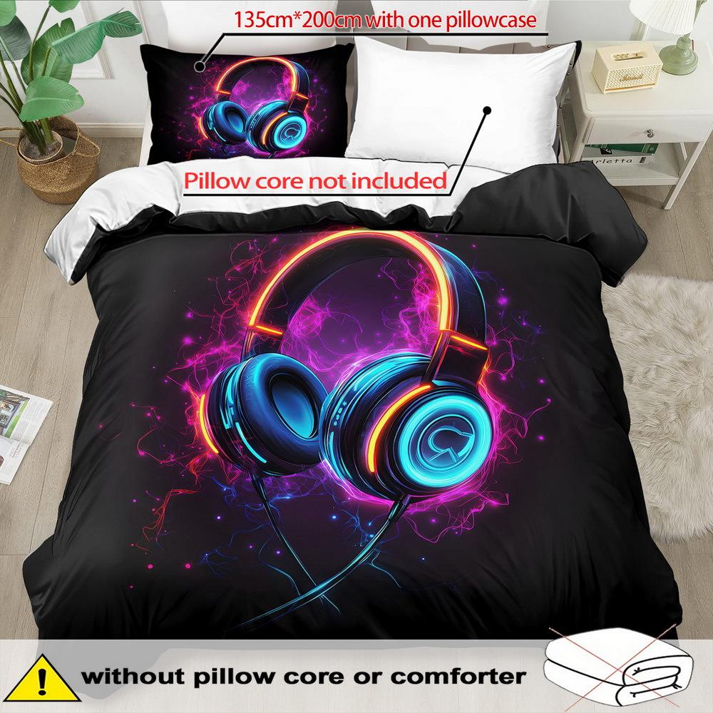 2/3Pcs Music-Themed Duvet Cover Set Soft Comfortable Breathable Bedding Headphone Print 100% Polyester Machine Washable