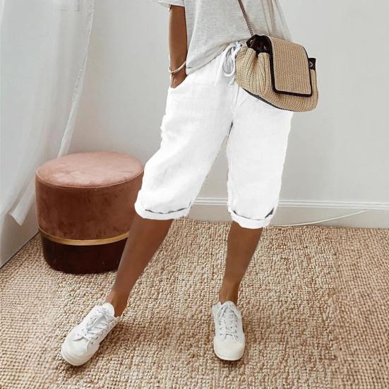 Women Pants Loose Drawstring Elastic Waist Casual Solid Color Pocket Design Knee Length Pants for Daily Wear Sport Beach