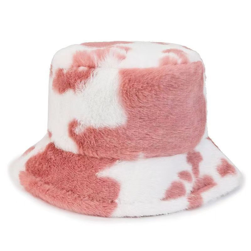 Black and white cow pattern bucket hat autumn and winter plush warm shopping versatile basin hat