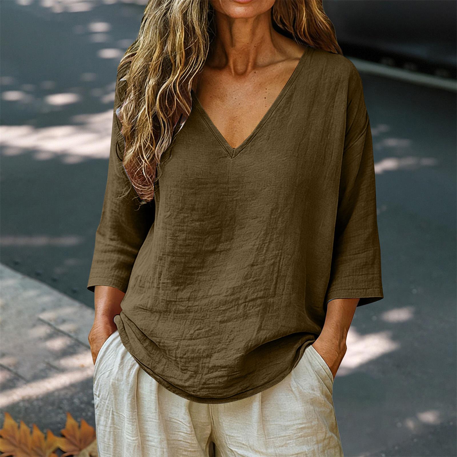 Women s Loose-Fit Fashionable Cotton-Linen -Color V-Neck Casual Top L
