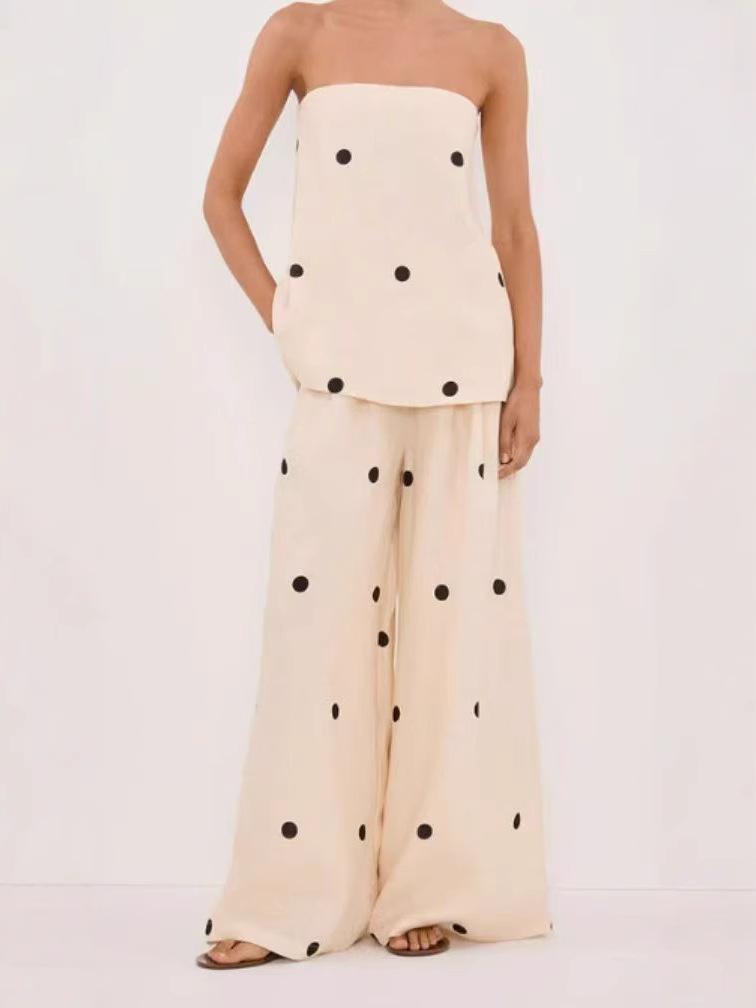 

Women s White Polka Dot Jumpsuit with Strapless Design and Wide Leg Pants L абрикосовий