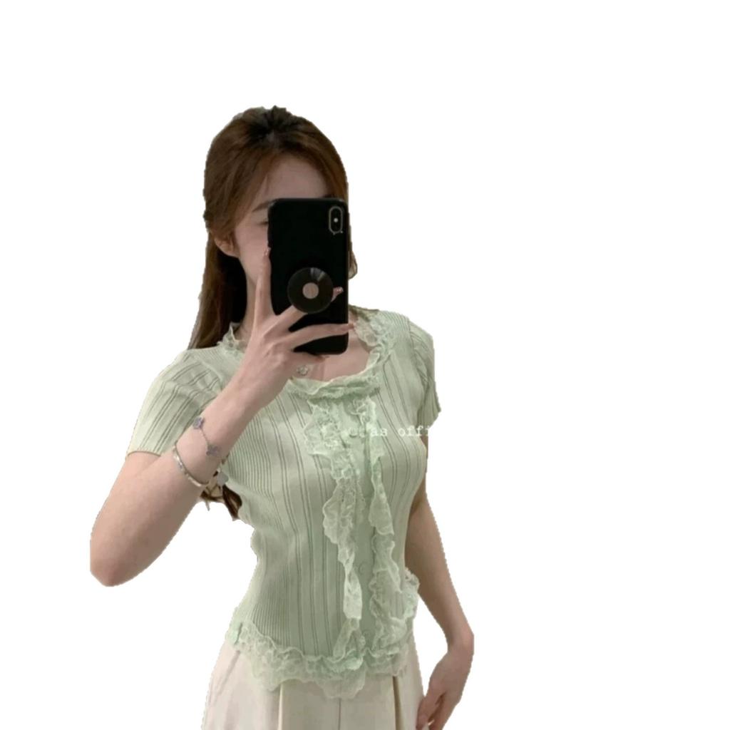 Summer High-end Lace Splicing Short-sleeved T-shirt Women's Fashion Slim-fitting and Thin Chic Foreign-style Top Ins Tide