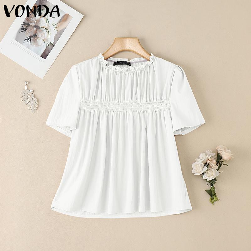 

VONDA Women Stand Neck Ruffles Short Sleeve Casual Loose Cropped Blouse 2XL