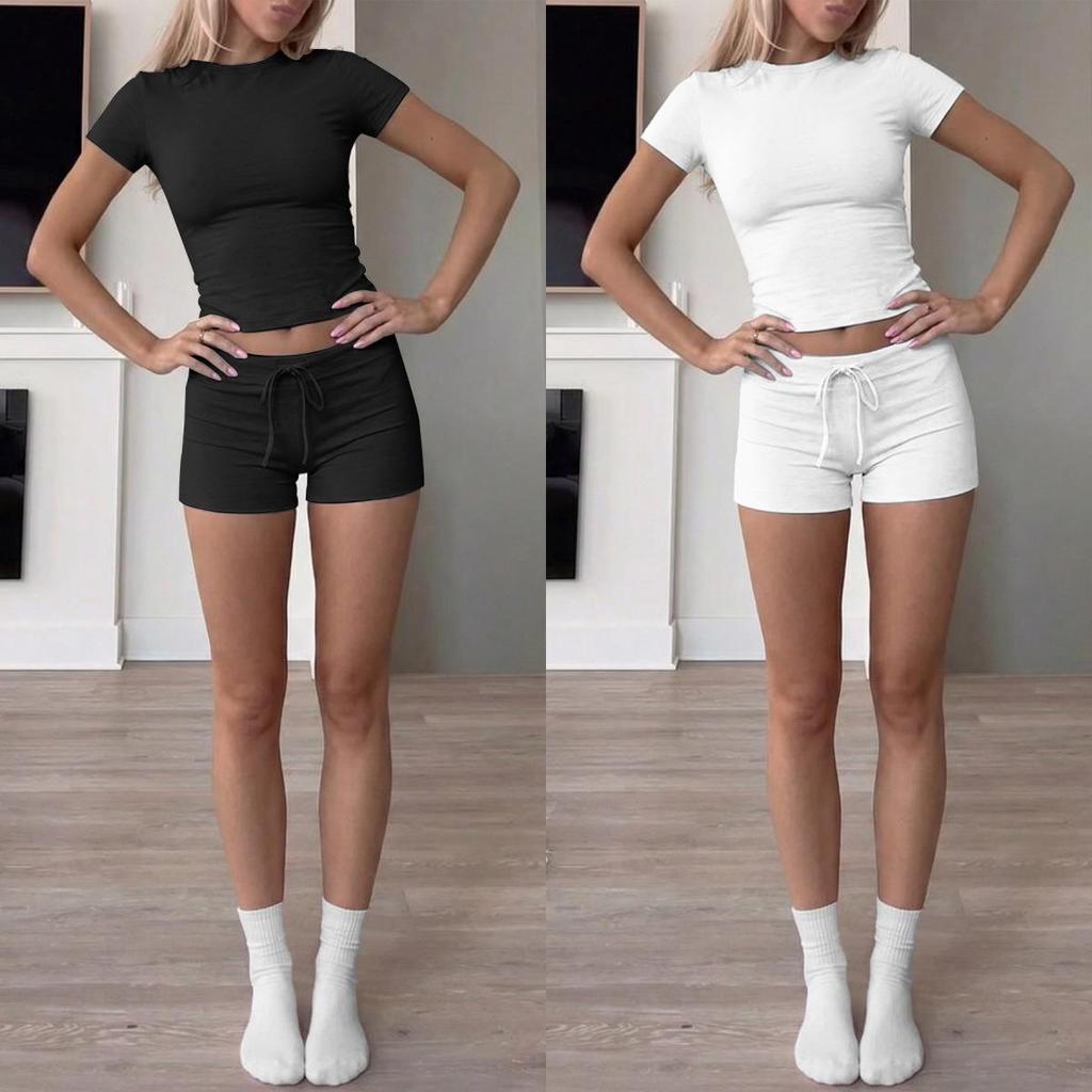New European & American Women's Slim Fit Round Neck Short-Sleeve T-shirt Set