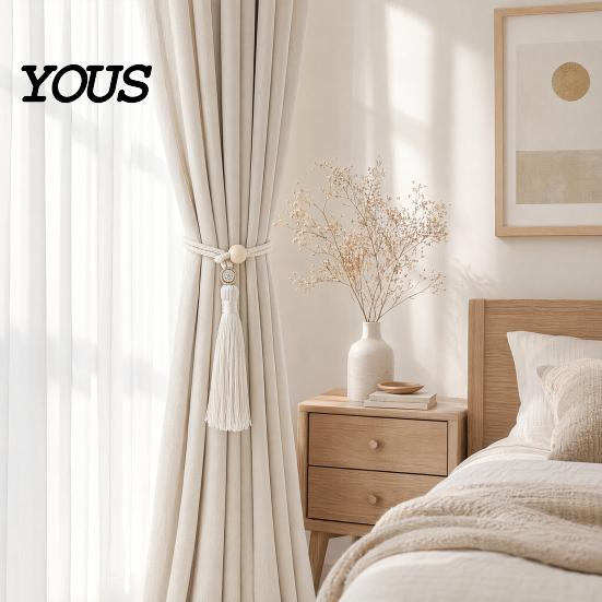 Adjustable Curtain Ties Wooden Ring Tassels Tieback, Window Holders Easy Use Backs, No Drill Drape Holdbacks for Home Bedroom Decor