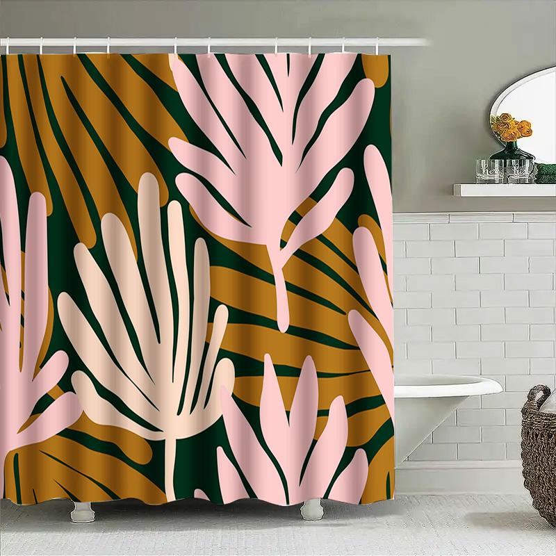 Pink Palm Leaves Shower Curtain Green Gold Colorful Bathtub Liner For Home Bathroom Decor Size 69X70 In