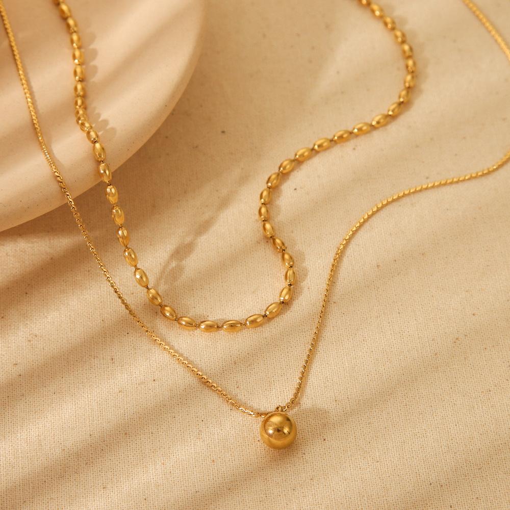 ins plated 18k gold stainless steel rice beaded gold ball pendant double layer stacked necklace niche design jewelry