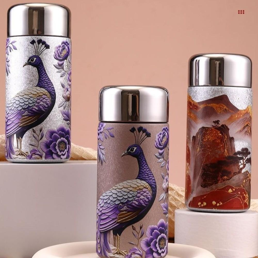 Portable Chinese Style Vacuum Cup 240ML Peacock Pattern Insulated Cup High Capacity Insulation or Cooling Thermal Water Bottle