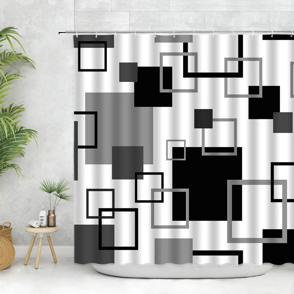 Modern Black Shower Curtain Set With Hooks-Black And White Shower Curtain For Bathroom Fabric Geometric Bath Curtains With Hooks