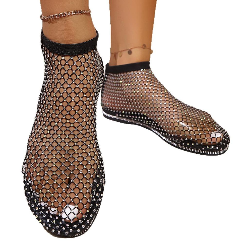 2025 Summer Independent Station Popular Fishing Net Socks Hollow Low Heel Flat Bottom Rhinestone Bottom Sandals Women's Large Size Sandals