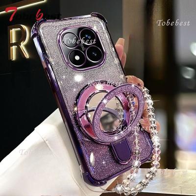 Für Xiaomi Redmi Note 14 13 13R 12 11 10 9 9S 8 Pro Plus 4G 5G Hülle Glitzer Beschichtung Spiegel Magnetischer Handyhalter Armband Abdeckung