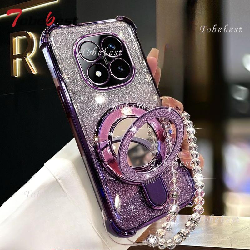 For Xiaomi Redmi Note 14 13 13R 12 11 10 9 9S 8 Pro Plus 4G 5G Case Glitter Plating Mirror Magnetic Phone Holder Bracelet Cover