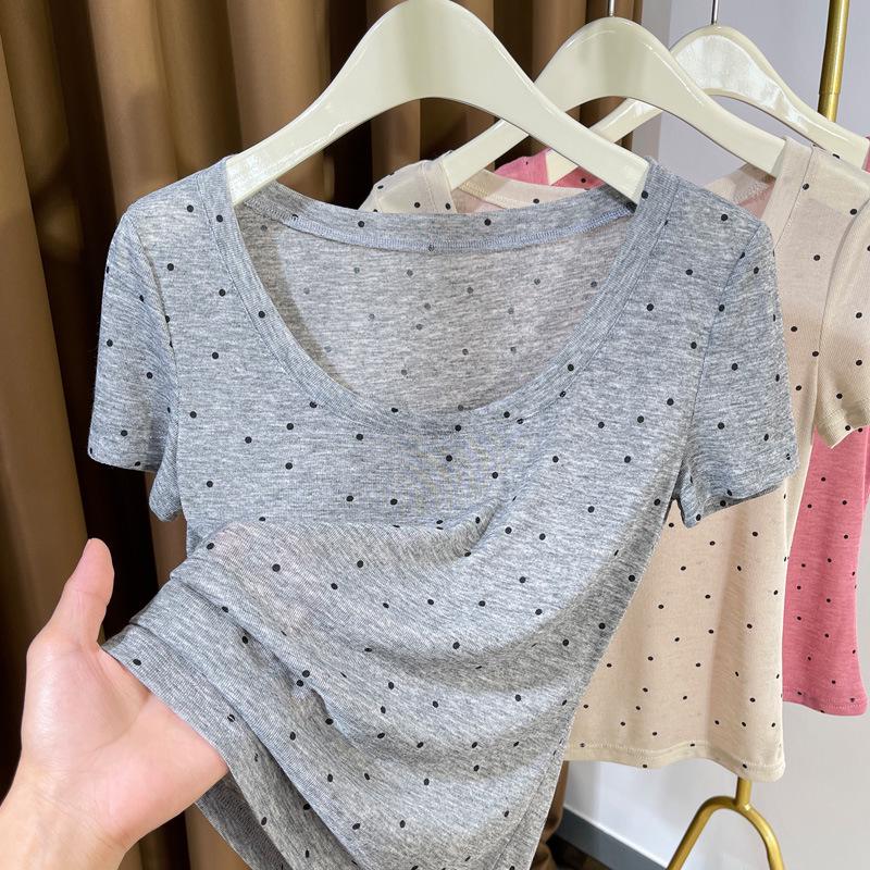 Women's Ultra-Thin Polka Dot Low-Neck Short-Sleeve Knit Top for Summer 2024