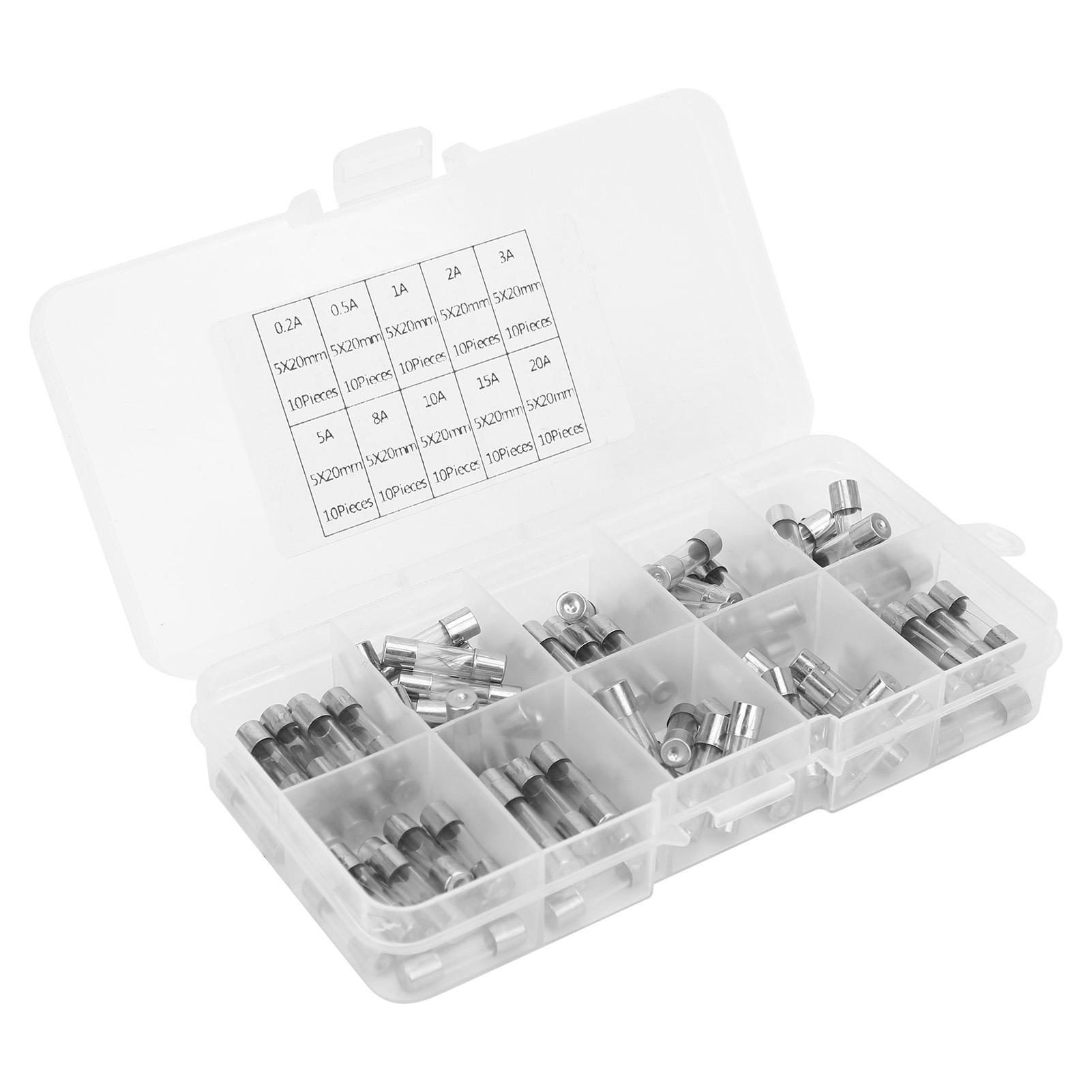 

100Pcs Glass Fuse Assorted Kit Industrial Supplies 5 x 20mm 0.2 0.5 1 2 3 5 8 10 15 20AMP білий