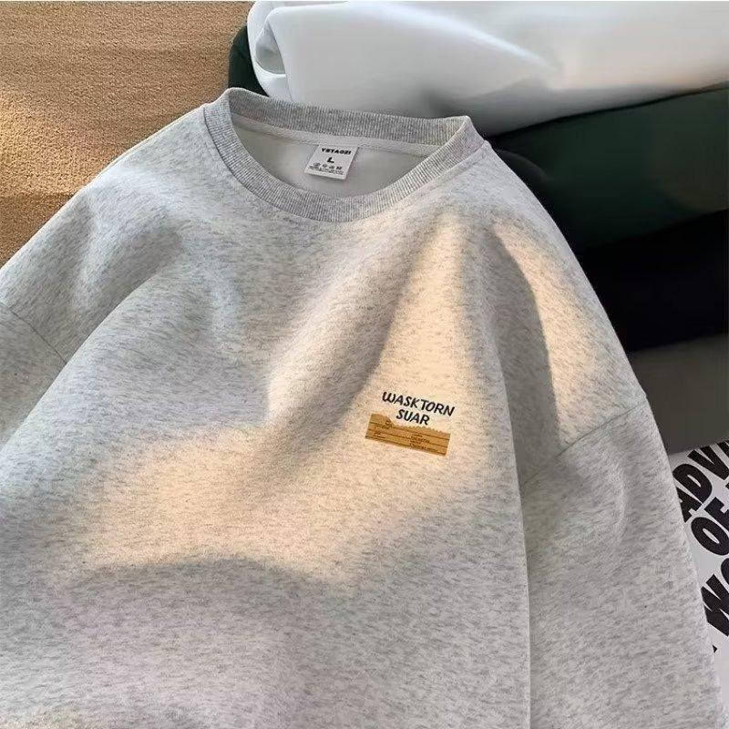 American Retro Fleece Lined Long Sleeve Letter Print Sweatshirt Unisex Autumn Winter Casual Fashion Versatile Men's Women's Top