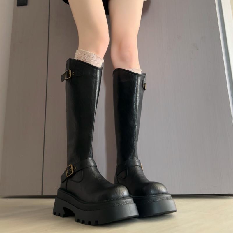 Winter Platform Height Increase Woman Knight High Boots Fashion Belt Buckle Back Zippers Shoes Ladies Punk Modern Long Botas
