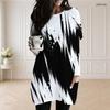 Women Plus Size Round Neck Long Sleeve Loose Black White Printed Longline Tunic With Pockets