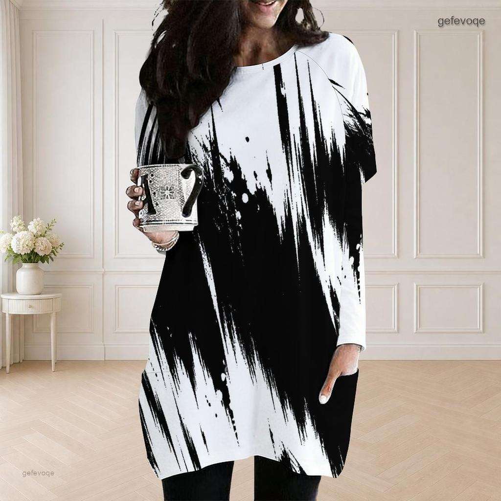 Women Plus Size Round Neck Long Sleeve Loose Black White Printed Longline Tunic With Pockets