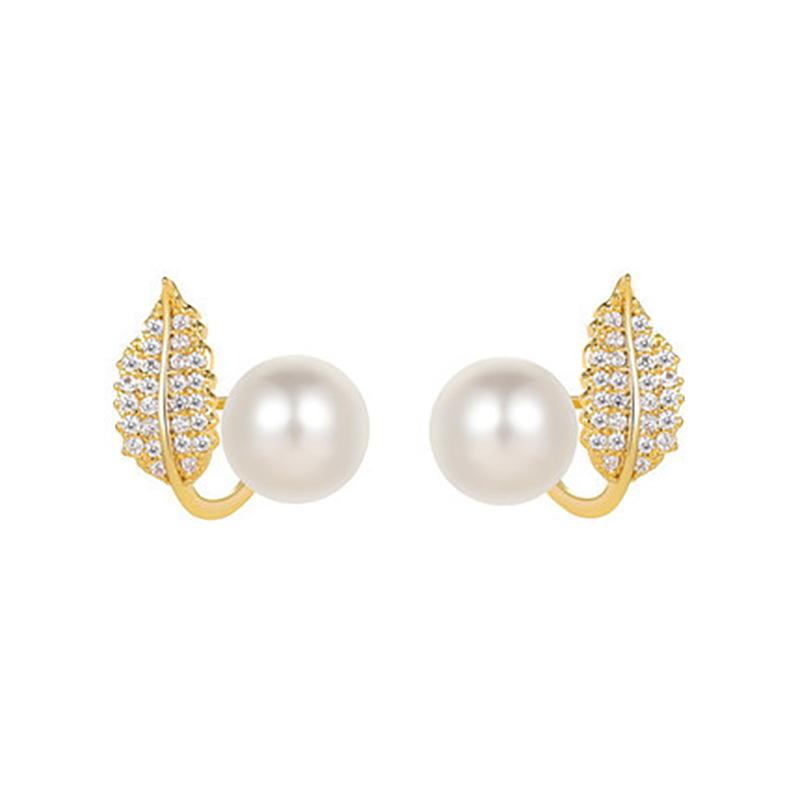 Light Luxury Natural Freshwater Leaf Pearl Stud Earrings 14k Gold Injection Fashion Simple Small Micro Zircon Earrings