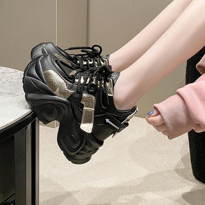 9.5CM High Heels Autumn New Chunky Sneakers for Women Platform Sports Breathable Mesh Shoes Woman Lace-up Thick Bottom Dad Shoes